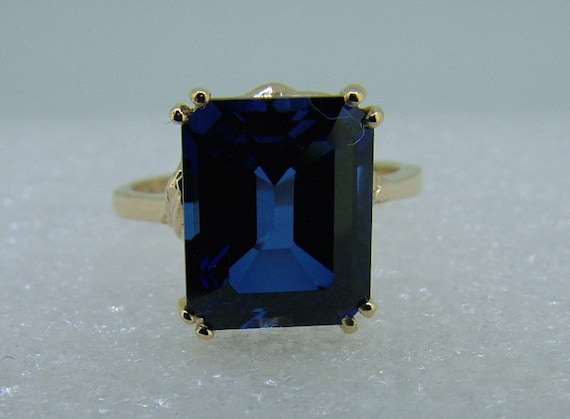 Emerald Cut Synthetic Blue Sapphire Ring, 10k Yellow Gold