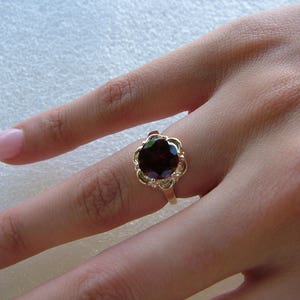 Antique style Garnet and yellow gold ring-Round 9mms genuine Garnet set in 10 carat yellow gold