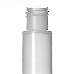 May include: A white plastic bottle with a screw-on lid. The bottle is clear and has a textured surface.