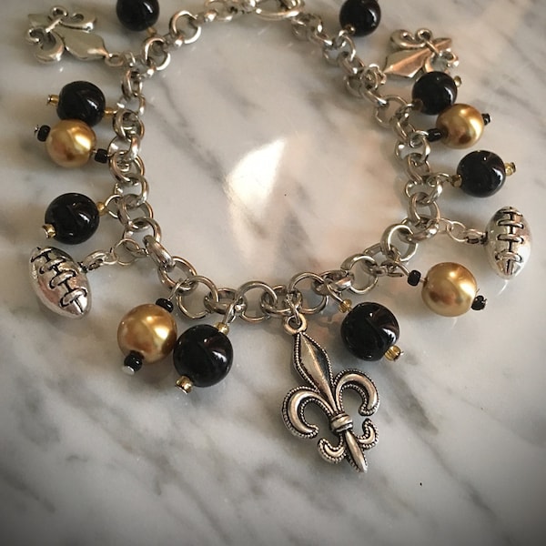 New Orleans Football Fleur De Lis Charm Bracelet Black Gold Who Dat