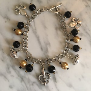 New Orleans Football Fleur De Lis Charm Bracelet Black Gold Who Dat SIZE 7 1/2