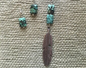 African Turquoise Necklace Set Genuine African Turquoise Necklace Set Feather Necklace  Silver Necklace African Turquoise Feather Charm