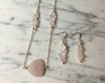 Rose Quartz Heart Shaped Necklace and Earrings