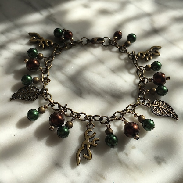 Fall Bronze Browning Charm Bracelet Bronze Deer Head Leaves Bracelet Woodsy Deer Head Silhouette Bracelet Green Brown Leaf Browning Bracelet