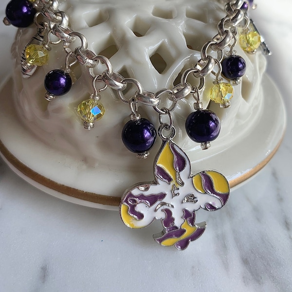 Louisiana Football Tiger Stripe Fleur De Lis Charm Bracelet