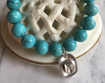 Turquoise Beaded Bracelet Western Cowgirl Hat Turquoise Beaded Stretch Bracelet Horse Charm Turquoise Beaded Stretch Bracelet Faux Turquoise