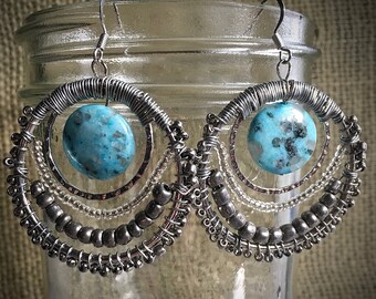 Boho Round Wire Wrapped Dangle Earrings Blue Magnesite Silver Wire Wrapped Beaded Earrings Copper Wire Wrap Earrings Hippie Chic Earrings