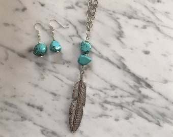 Faux Turquoise Feather Pendant Necklace with Faux Turquoise Nugget Earrings