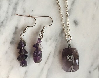 Genuine Amethyst Wire Wrap Pendant Amethyst Chips Earrings Silver Wire Wrap Amethyst Pendant Silver Chain Faceted Amethyst Gem Stone