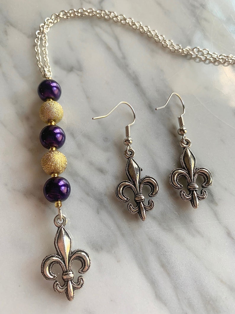 Louisiana Inspired Purple Gold Fleur De Lis Necklace Set New Orleans ...