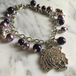 Louisiana College Football Tigers Head Charm Bracelet Purple Beaded Bracelet