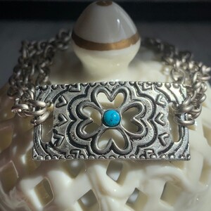 Silver Flower Bar Three Chain Strand Bracelet with Turquoise Flower