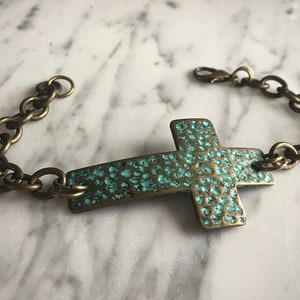 Antique Bronze Patina Hammered Cross Bracelet Sideways Cross Bracelet Antiqued Teal Hammered Cross Chain Bracelet Textured Cross Bracelet