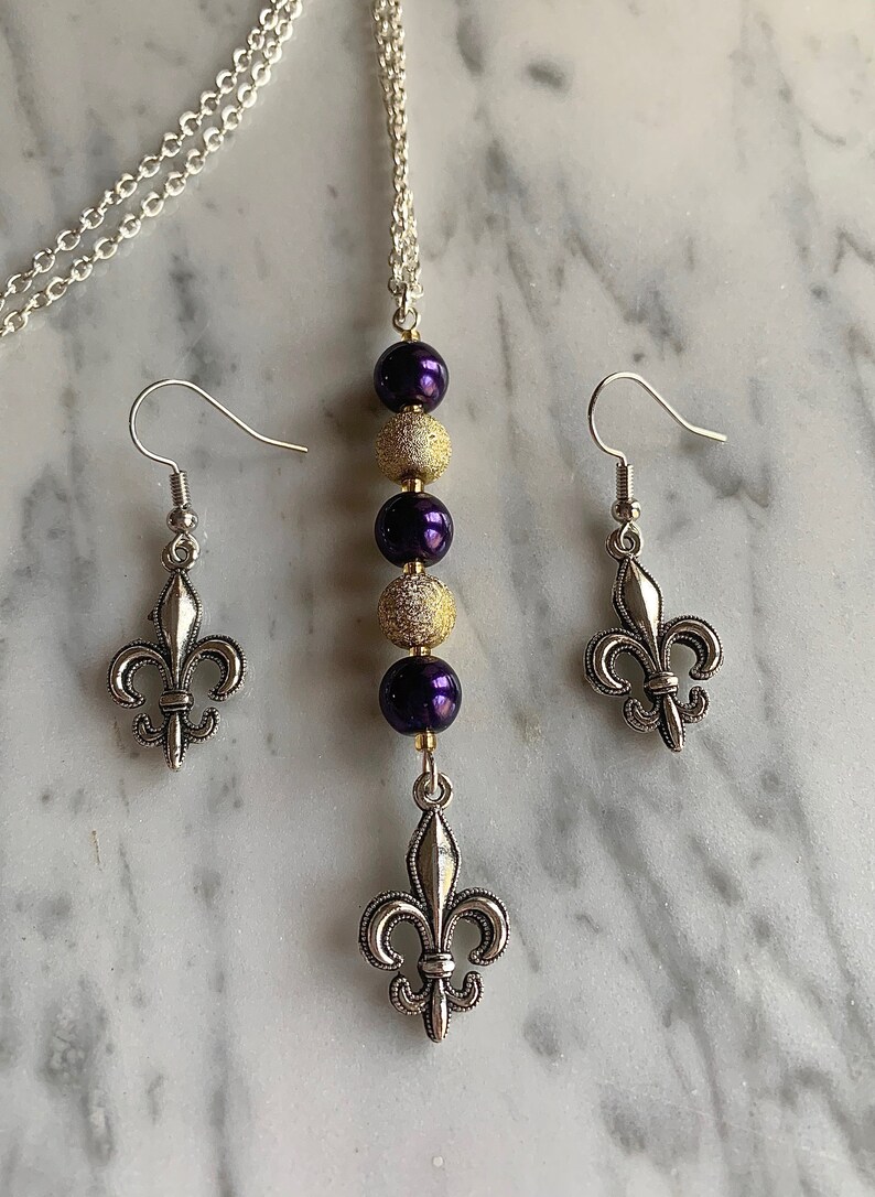 Louisiana Inspired Purple Gold Fleur De Lis Necklace Set New Orleans ...