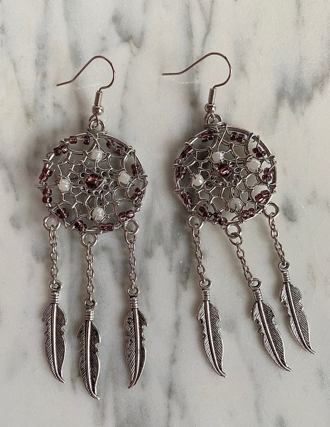 Dream Catcher Earrings Wire Wrap Dream Catcher Earrings Purple Beaded