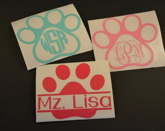 Paw Print Monogram Decal, Paw Print Name Decal, Dog Print, Cirlce Monogram, Vine Monogram, Yeti Decal, MacBook Decal, Car Decal, Phone