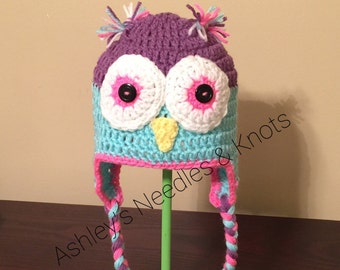 Colorful owl, Owl Hat Crochet, winter hats, Crochet hat with ear flaps, girl owl beanie, toddler girl hats