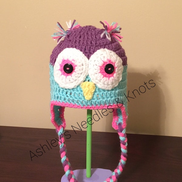 Colorful owl, Owl Hat Crochet, winter hats, Crochet hat with ear flaps, girl owl beanie, toddler girl hats