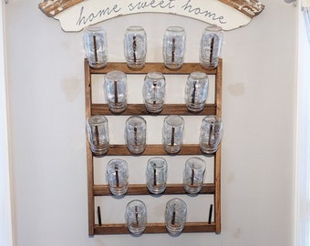 Mason Jar Storage and Display Rack, Wood Wall Rack, Glass storage, Wood Kitchen Organizer, Mason Glass