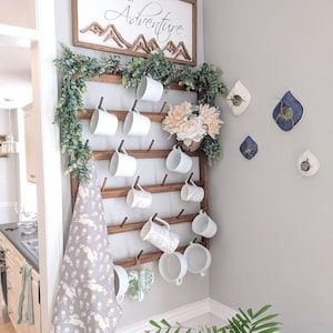 Large Coffee Mug Rack, Wood Wall Rack, Kitchen Organizer, Coffee Mug display, Home Decor, Mug holder, Organizer, Pottery Collection