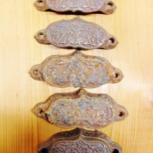 May include: Five metal drawer pulls arranged in a vertical column. Each pull features a dark, weathered finish with an intricate, raised floral and scrollwork pattern. The hardware includes two circular mounting holes on the sides for attachment.