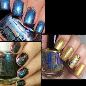 May include: Three bottles of nail polish with different colors and finishes. The first bottle is a dark blue with a holographic finish. The second bottle is a dark green with a holographic finish. The third bottle is a gold with a metallic finish.