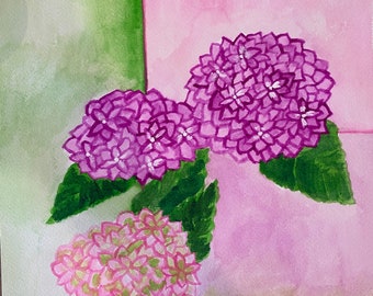 Original Colorful Pink and Green Watercolor Hydrangea Flower Painting