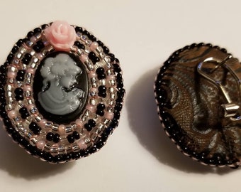 Pink and black cameo earrings