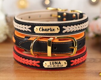 Leather Dog Collar, Personalized Dog Collar, Custom Collars for Dogs, Braided Pet Collar, Engraved Puppy Collar with ID Tag