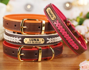 Braided Leather Dog Collar, Personalized Dog Collar, Custom Pet Collars for Small and Large Dogs, Leather Dog Collar with Engraved Nameplate