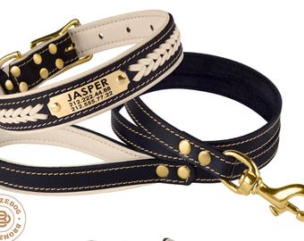 Dog Collar Leash Set, Leather Dog Collar, Dog Leash, Engraved Dog Collar, Personalized Pet Collar, Custom Brass Hardware Soft Padded Beige