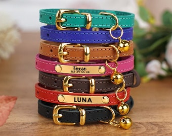 Leather Cat Collar, Personalized Cat Collar with Bell, Custom Cat Collars with Engraved Name Plate, Small Cat Collars for Kittens