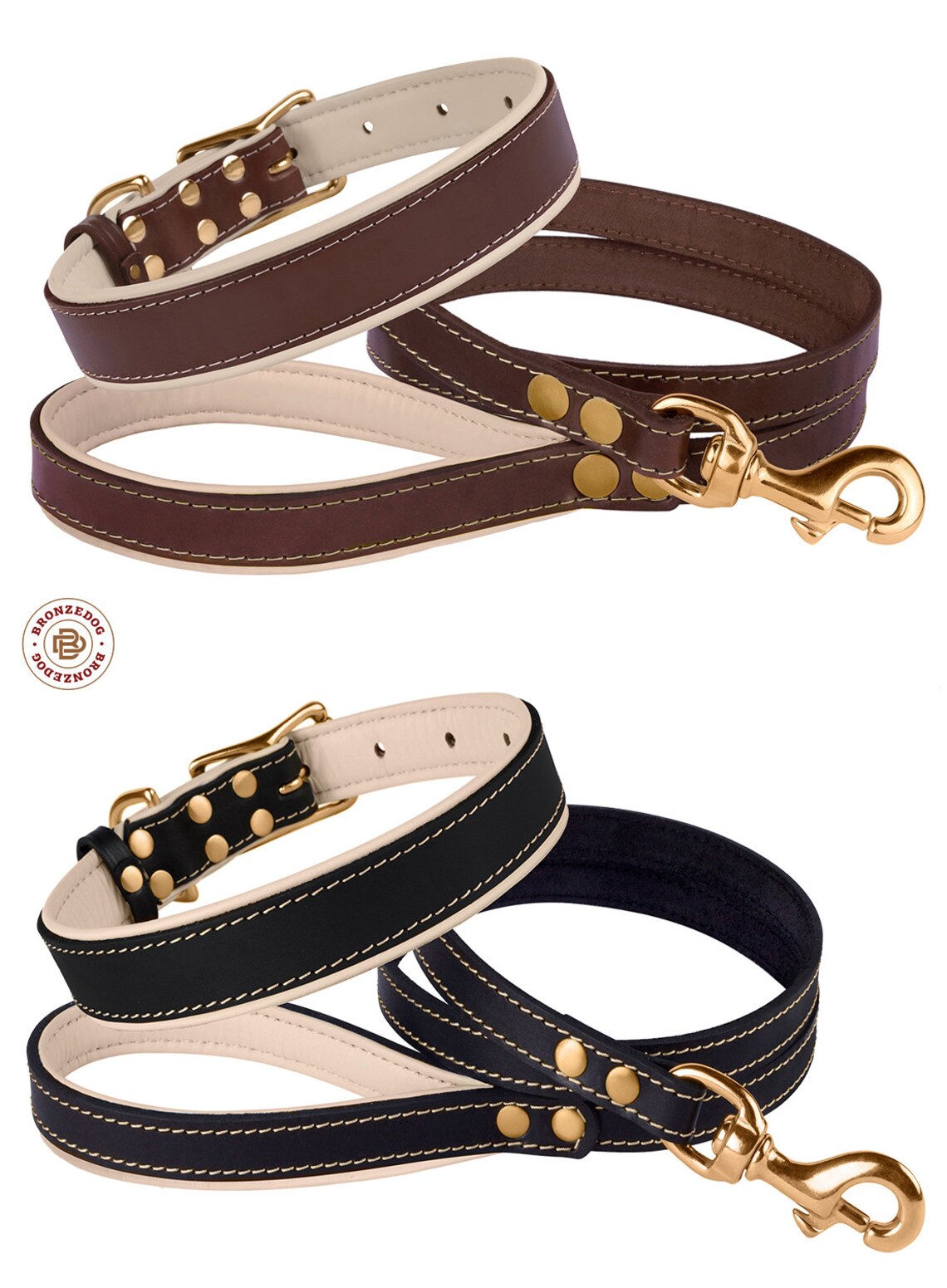 Dog Collar Leash Set Leather Soft Padded Brass Hardware Etsy
