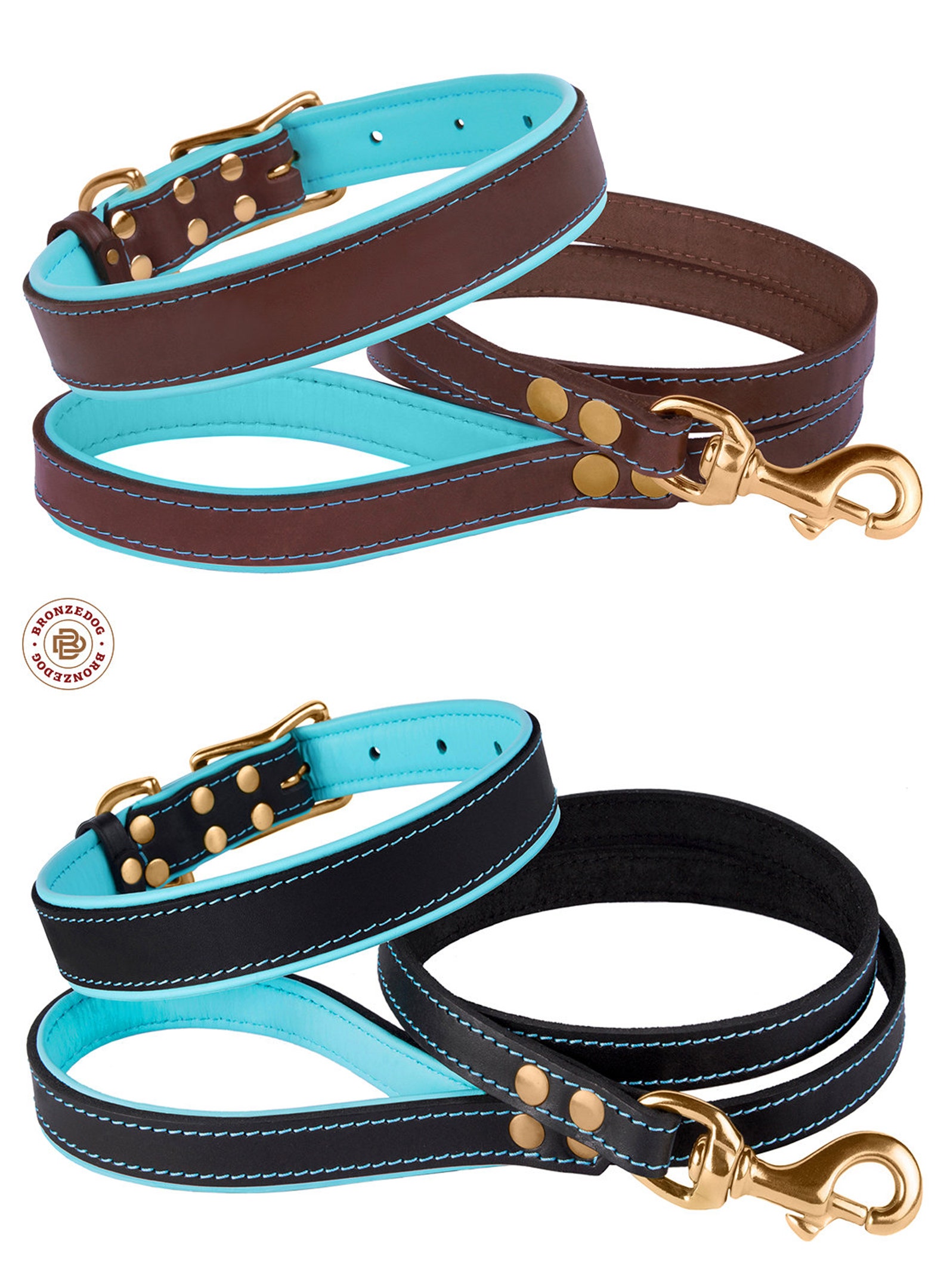 Dog Collar Leash Set Leather Soft Padded Brass Hardware Etsy