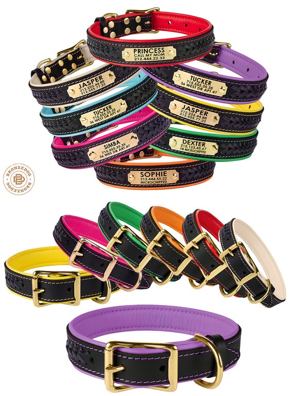 Leather Dog Collar Personalized ID Tag Braided Brass Hardware Etsy