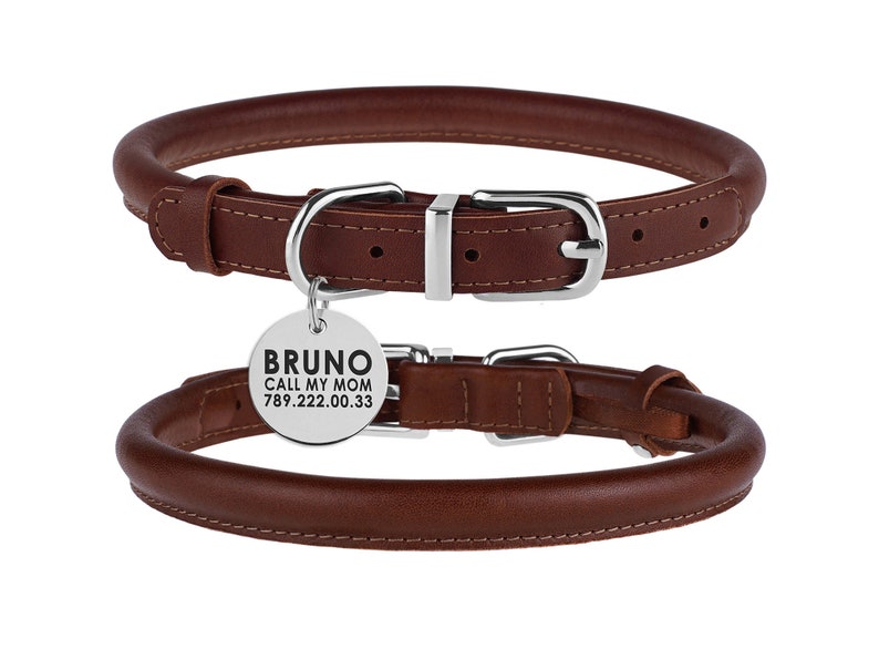 Classic Leather Dog Collar with Engraved ID Tag Rolled Etsy