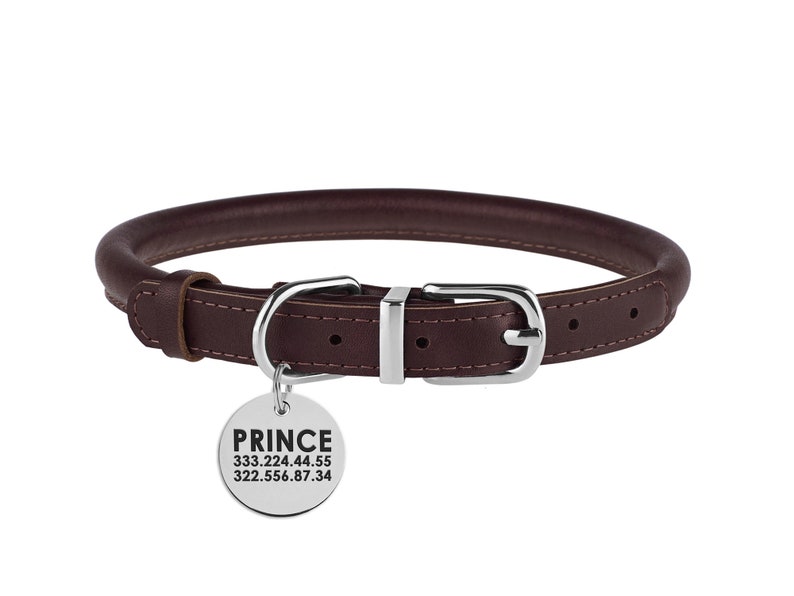 Classic Leather Dog Collar with Engraved ID Tag Rolled Etsy
