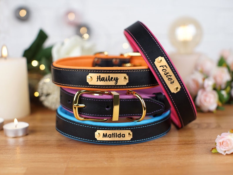 Leather Dog Collar with Engraved Name Plate, Soft Personalized Dog Collars, Custom Dog Collar for Small Large Dogs, Puppy Collar 