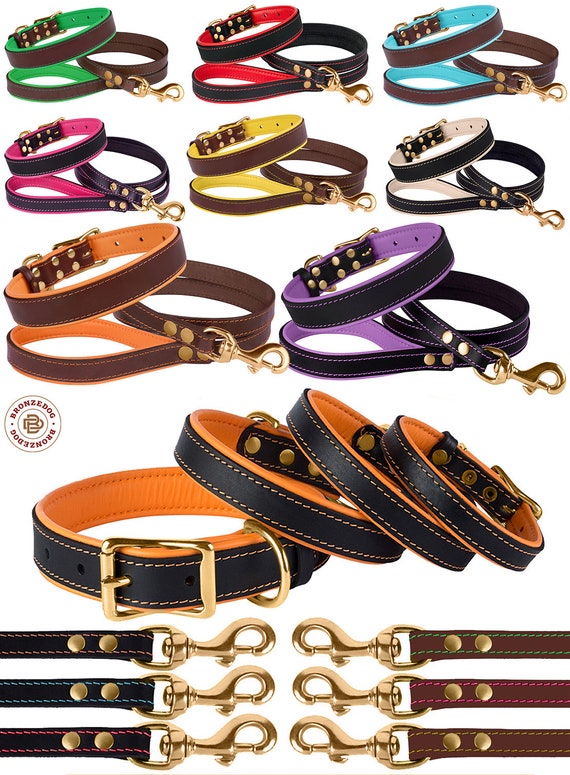 Dog Collar Leash Set Leather Soft Padded Brass Hardware Etsy