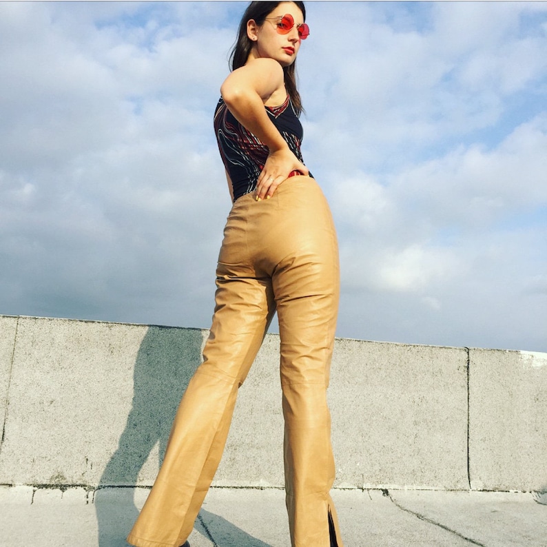 SALE Vintage 90s Tan Leather 28 Pants Low-rise Leather Pants Fitted Hip-hugger Trousers PRICE REDUCE Motorcycle Rocker Pants