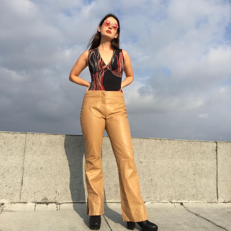 SALE Vintage 90s Tan Leather 28 Pants Low-rise Leather Pants Fitted Hip-hugger Trousers PRICE REDUCE Motorcycle Rocker Pants