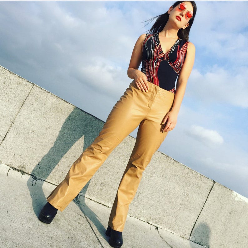 SALE Vintage 90s Tan Leather 28 Pants Low-rise Leather Pants Fitted Hip-hugger Trousers PRICE REDUCE Motorcycle Rocker Pants