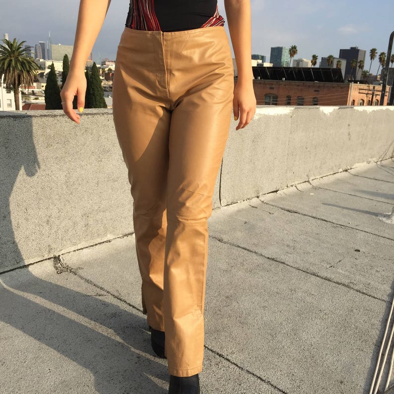 SALE Vintage 90s Tan Leather 28 Pants Low-rise Leather Pants Fitted Hip-hugger Trousers PRICE REDUCE Motorcycle Rocker Pants