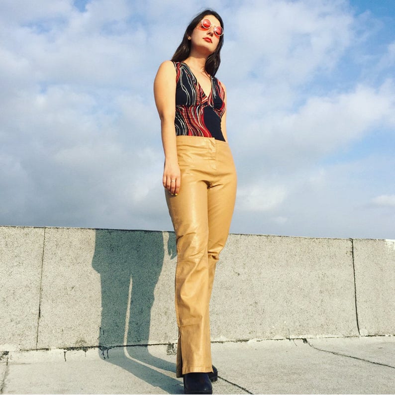 SALE Vintage 90s Tan Leather 28 Pants Low-rise Leather Pants Fitted Hip-hugger Trousers PRICE REDUCE Motorcycle Rocker Pants