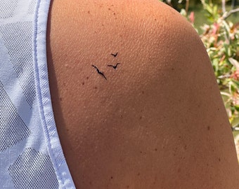 May include: A close-up of a person's shoulder with a small black tattoo of three birds flying in formation.