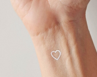 tiny white heart temporary tattoos (set of 12), outline heart fake tatoo