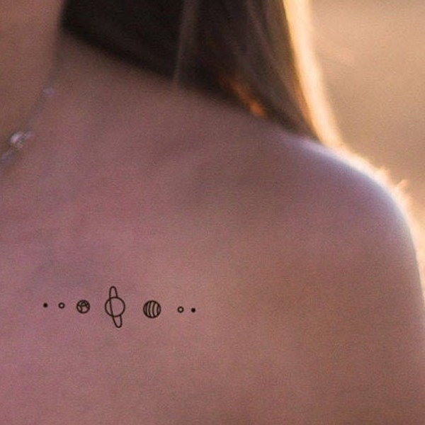 minimalist solar system temporary tattoo (set of 2) , small geometric solar system temporary tattoo with the head in stars
