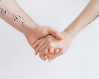 creation of Adam temporary tattoo, hands touching temporary tattoo inspired by Michelangelo for matching couples