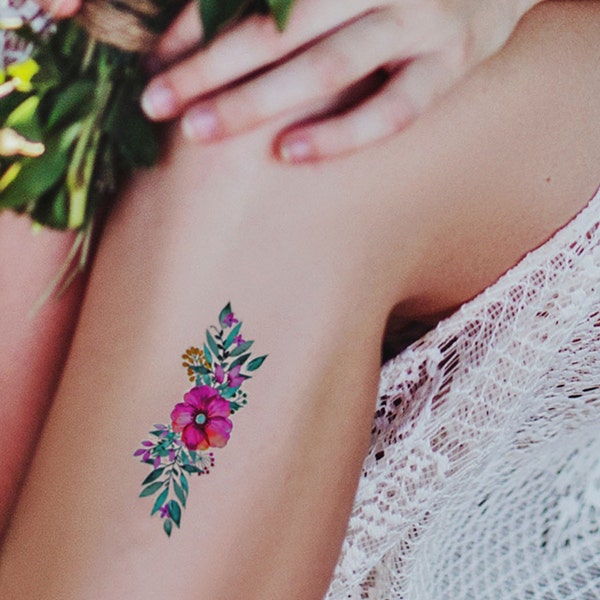 fleurs à l'aquarelle tatouage temporaire / bouquet de fleurs tatouage / tatouage délicat / tatouage couleur / fleurs sauvages tatouage