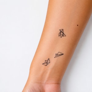 Minimalist Origami Temporary Tattoos – Set of 3 Designs (9 Tattoos Total) | Origami Bird, Paper Boat & Paper Airplane | Fine Line Tattoos